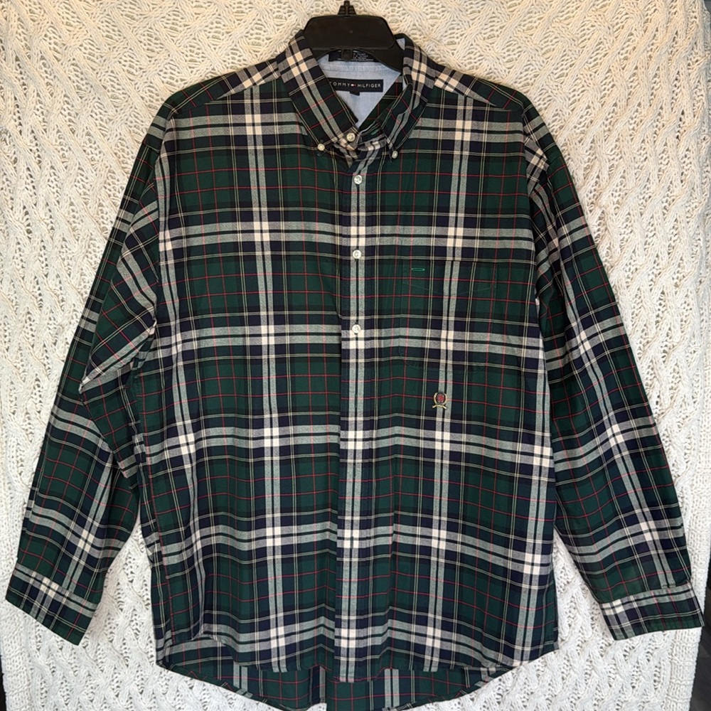 Vintage Tommy Hilfiger Men's Size XL Tartan Green Plaid Long‎ Sleeve Button Down